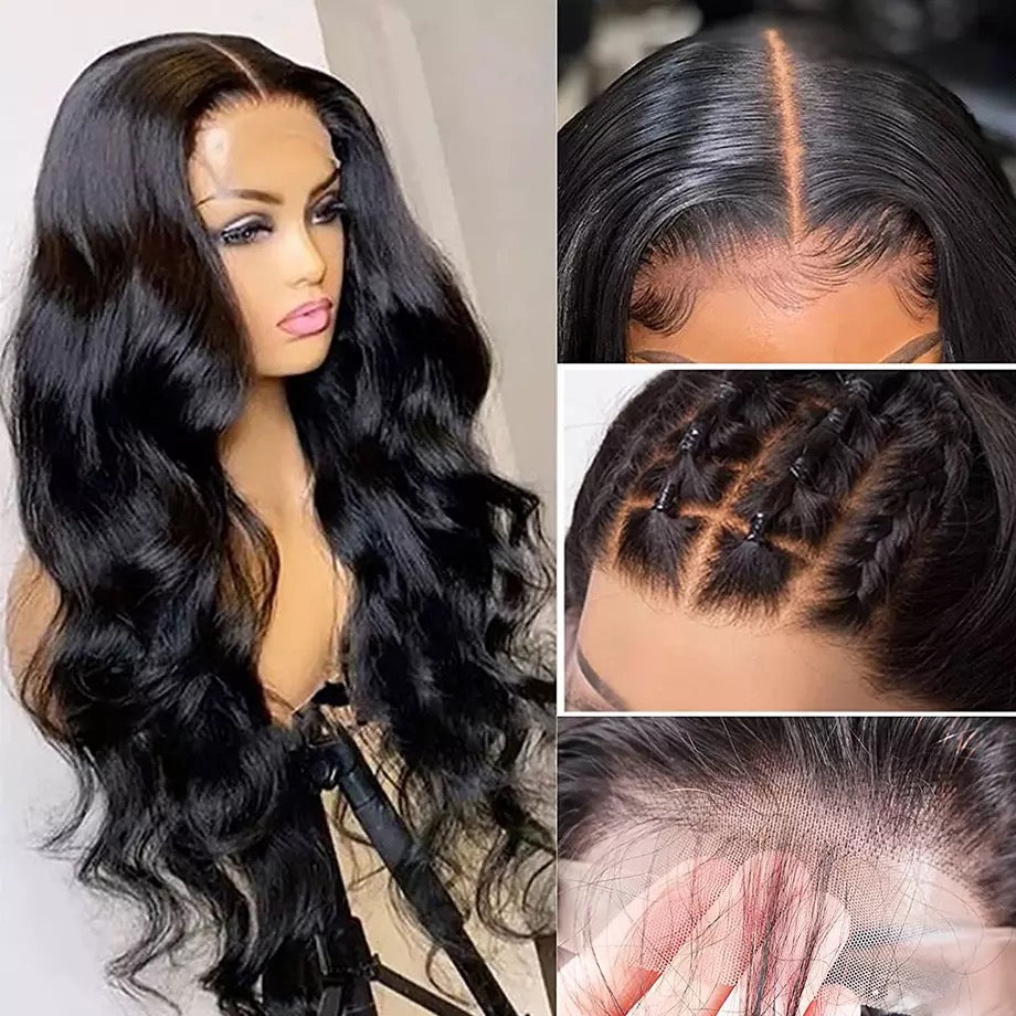 SlifeGLAM Long Body Wave Human Hair Wig Black Human Hair Wigs Pre Plucked Body Wave Middle Part Lace Wigs Long Lace Front Side Part Mid Part