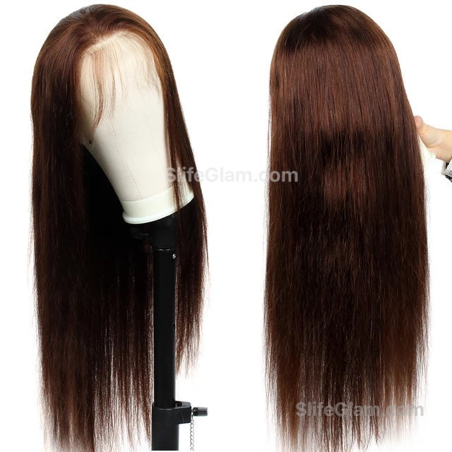 SlifeGLAM Long Straight Brown Human Hair Wig Brown Human Hair Wigs Pre Plucked Straight Middle Part Lace Wigs Long Lace Front Side Part Mid Part 7A