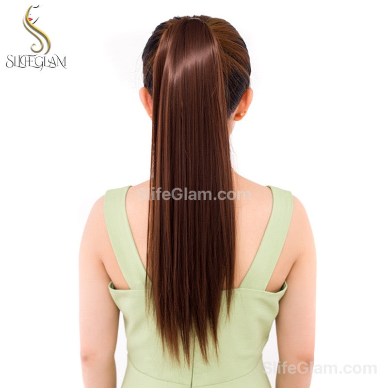 Long Straight Ribbon Pony Tail Extensions Black Dark Brown Pony Tail Hair Extensions 24-34 inches