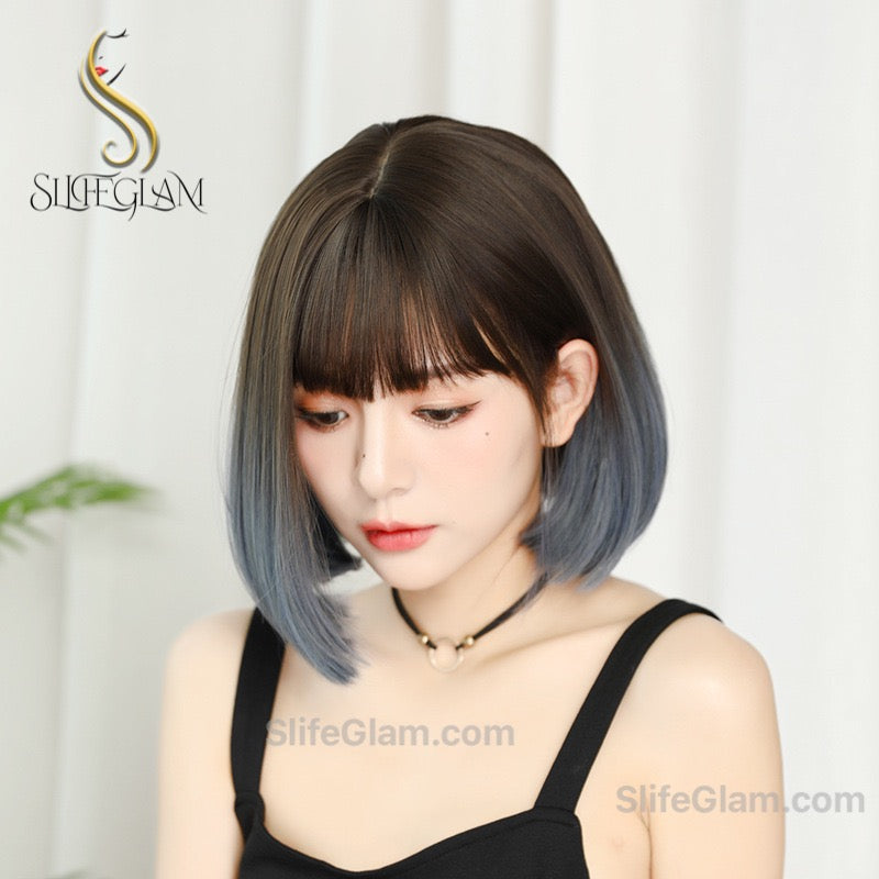 Cute Realistic Short Black to Blue Ombré Bob Wig Natural Realistic