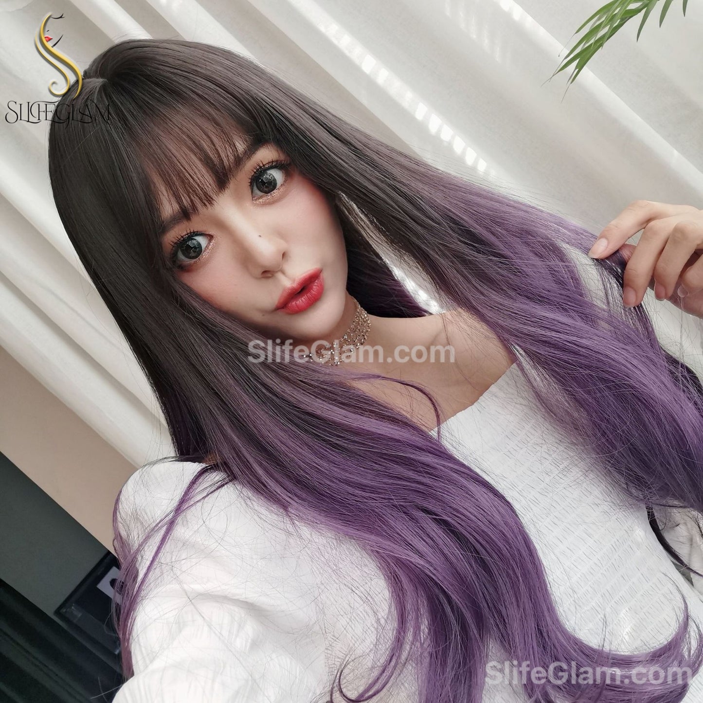 Beautiful Realistic Long Wavy Brown Purple Ombre Wig Natural Realistic