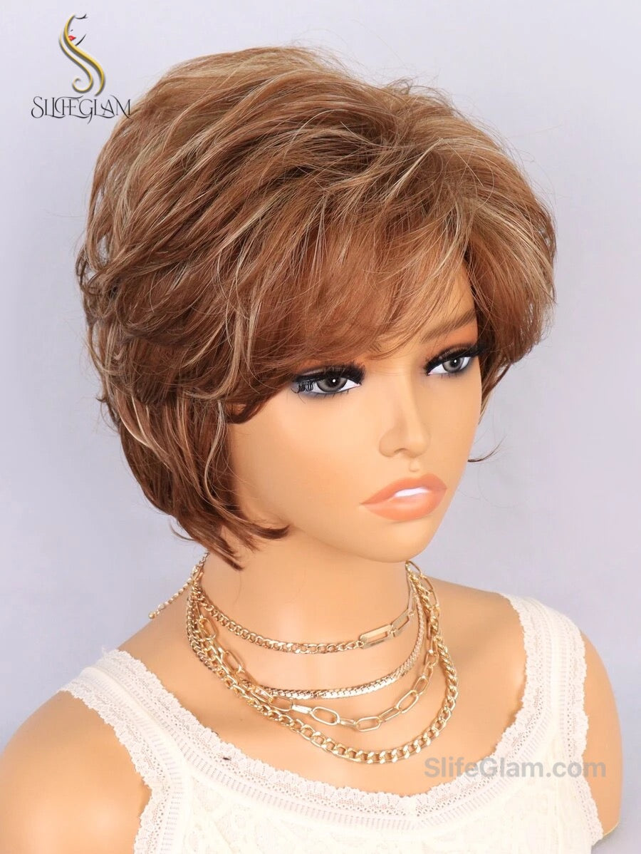 Realistic Short Pixie Cut Brown Wig with Blonde High Lights