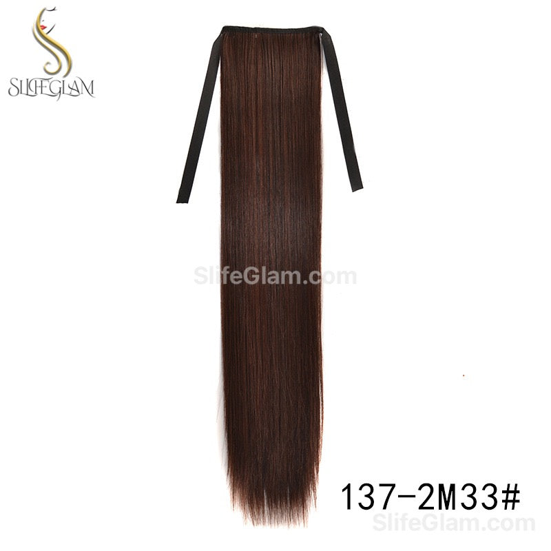 Long Straight Ribbon Pony Tail Extensions Black Dark Brown Pony Tail Hair Extensions 24-34 inches