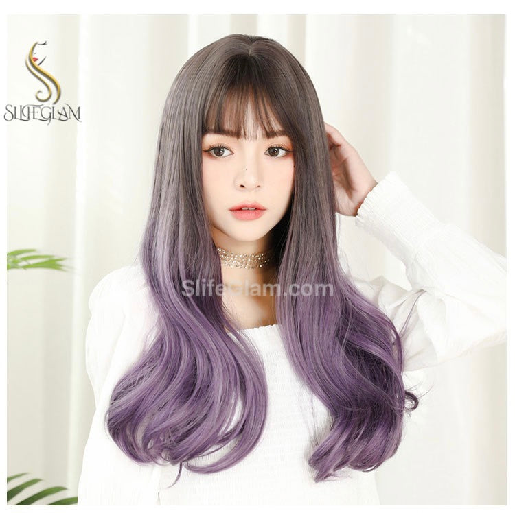 Beautiful Realistic Long Wavy Brown Purple Ombre Wig Natural Realistic