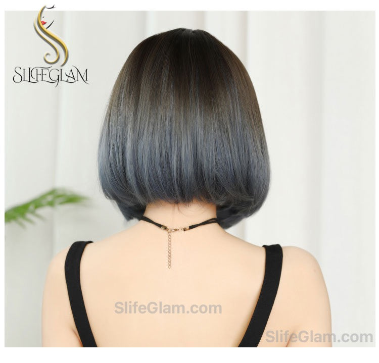 Cute Realistic Short Black to Blue Ombré Bob Wig Natural Realistic