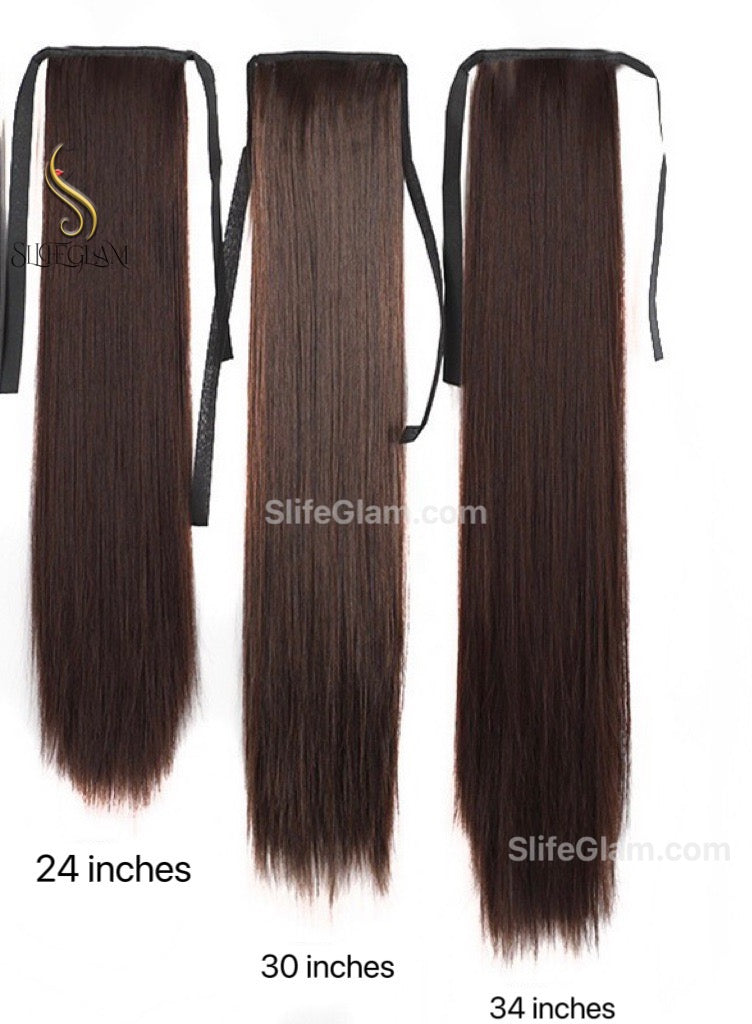 Long Straight Ribbon Pony Tail Extensions Black Dark Brown Pony Tail Hair Extensions 24-34 inches