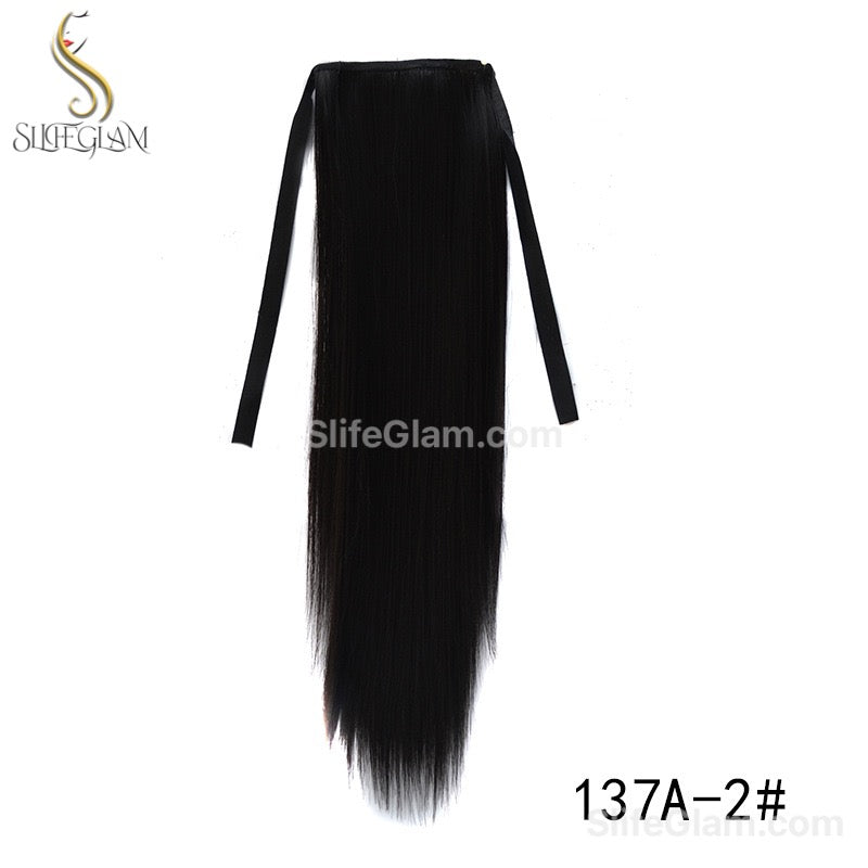 Long Straight Ribbon Pony Tail Extensions Black Dark Brown Pony Tail Hair Extensions 24-34 inches