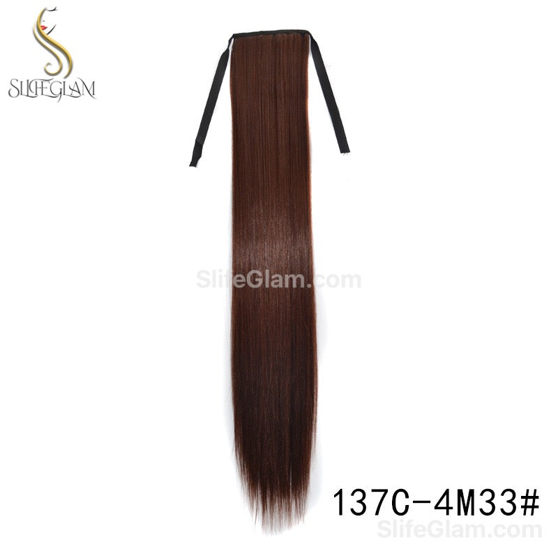 Long Straight Ribbon Pony Tail Extensions Black Dark Brown Pony Tail Hair Extensions 24-34 inches