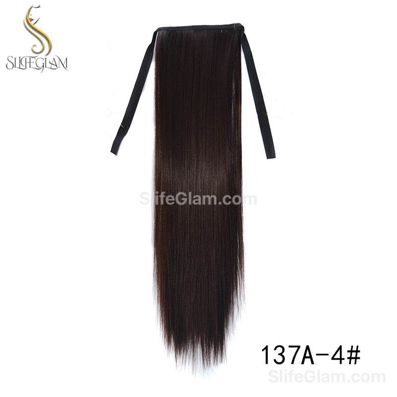 Long Straight Ribbon Pony Tail Extensions Black Dark Brown Pony Tail Hair Extensions 24-34 inches