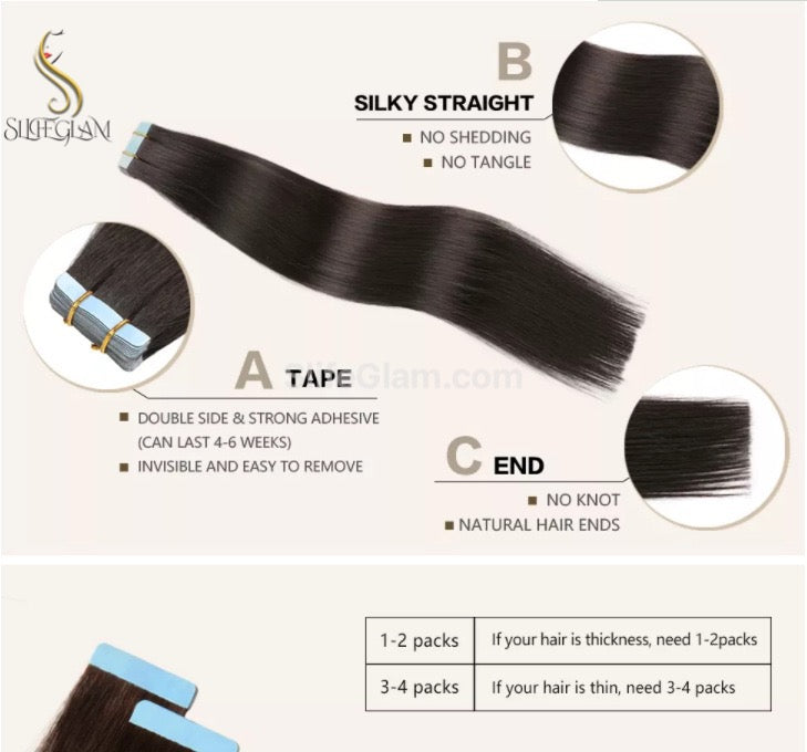 100% Remy Human Hair Tape-in Hair Extensions 50G Black Brown