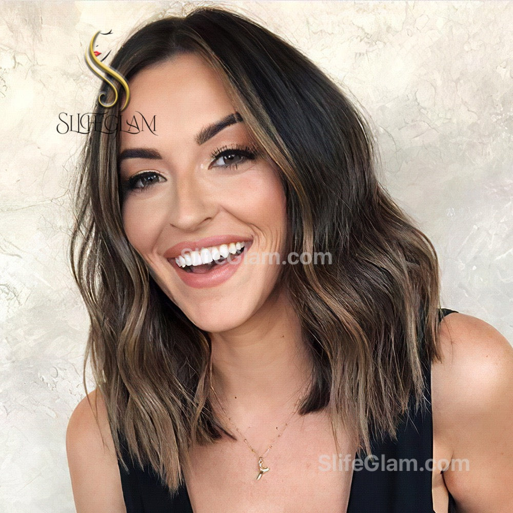 Realistic Wavy Black with Brown Highlights Shoulder Length Lace Front Wig Natural Realistic T-Part Mid-Part