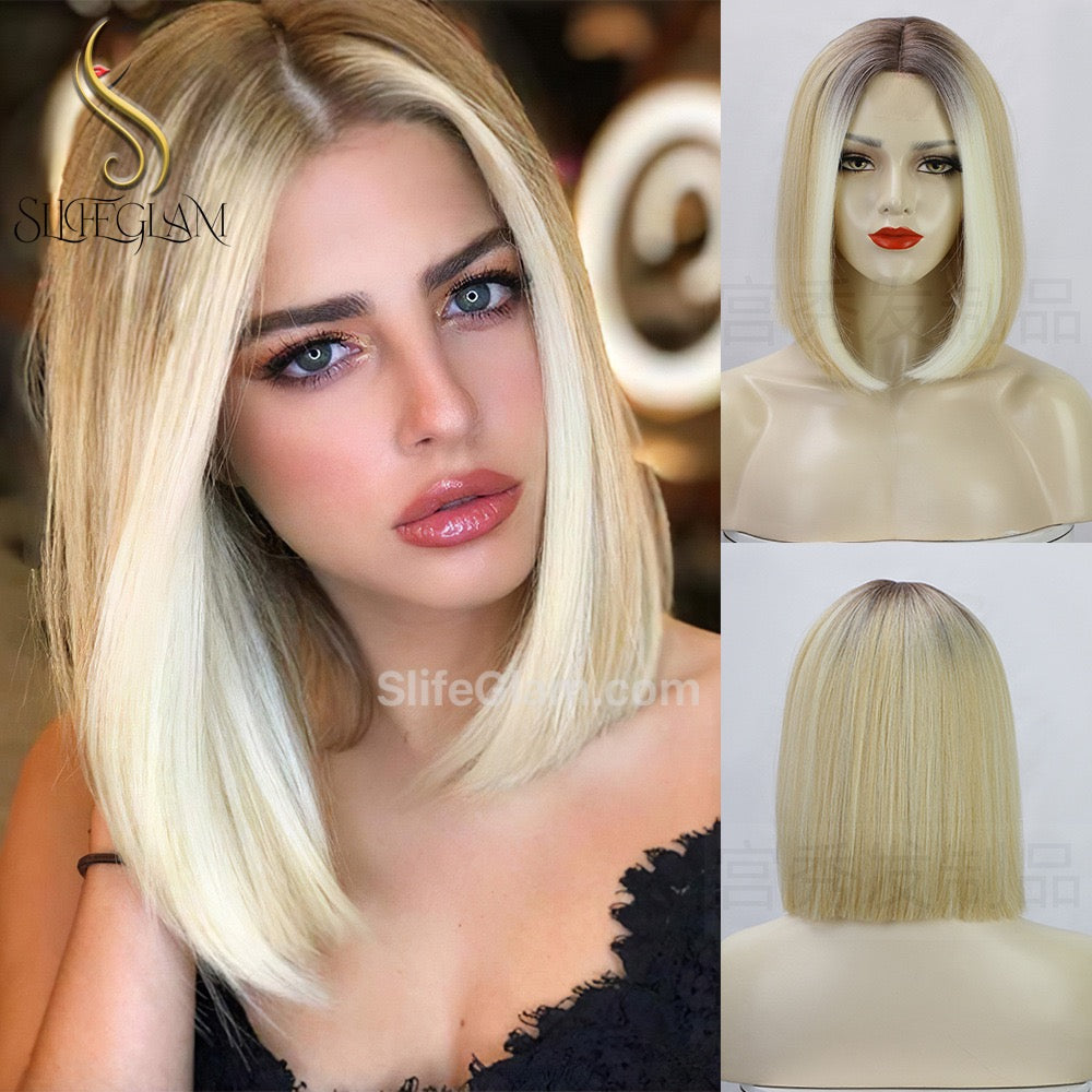 Beautiful Short Straight Shoulder Length Blonde Lace Front Platinum Blonde Bleached Blonde Wig