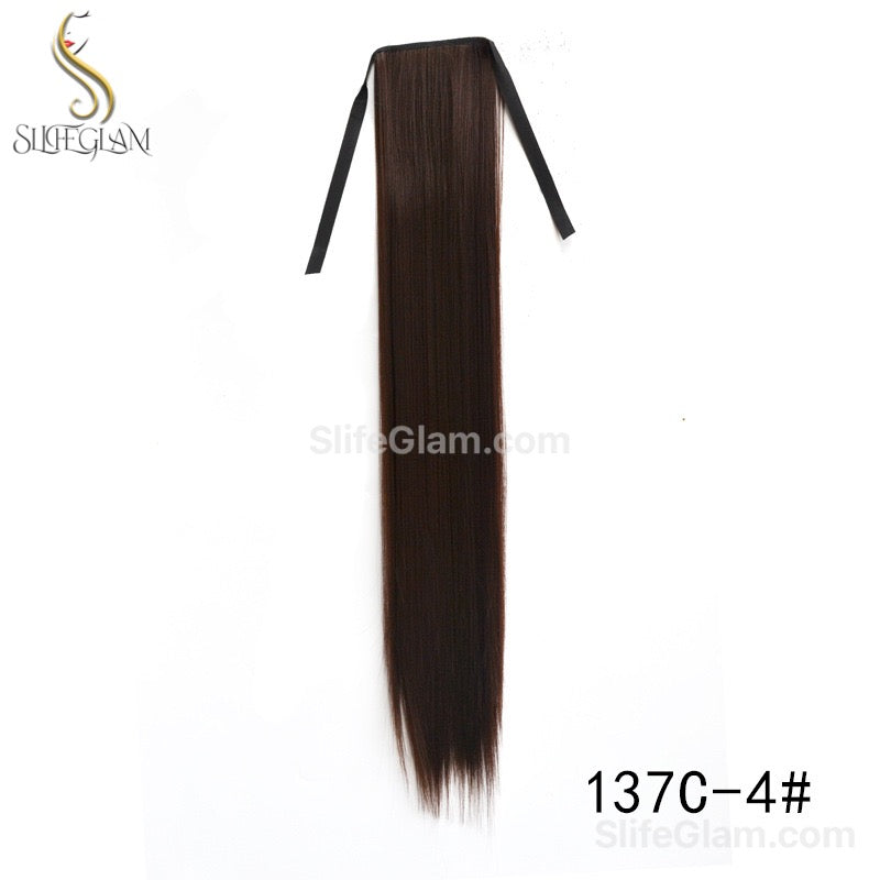 Long Straight Ribbon Pony Tail Extensions Black Dark Brown Pony Tail Hair Extensions 24-34 inches