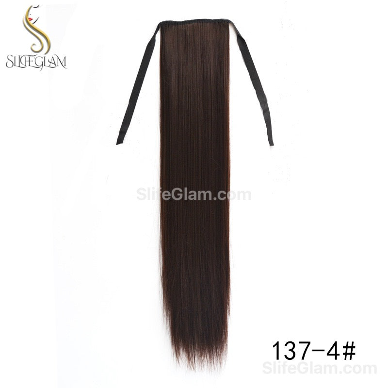 Long Straight Ribbon Pony Tail Extensions Black Dark Brown Pony Tail Hair Extensions 24-34 inches