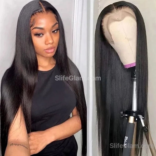 SlifeGLAM Long Straight Human Hair Wig Black Human Hair Wigs Pre Plucked Straight Middle Part Lace Wigs Long Lace Front Side Part Mid Part