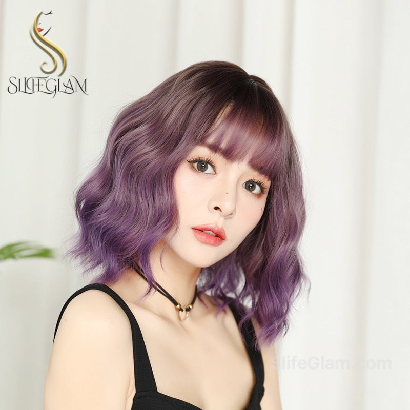 Cute Realistic Wavy Purple Ombré Bob Wig Natural Realistic