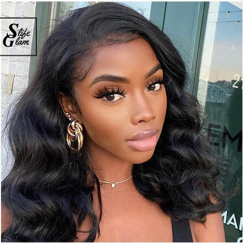 SlifeGLAM Short Bob Human Hair Wig Black Human Hair Wigs Pre Plucked Body Wave Middle Part Lace Wigs 8-16inch T Part Lace Front Side Part Mid Part 7A