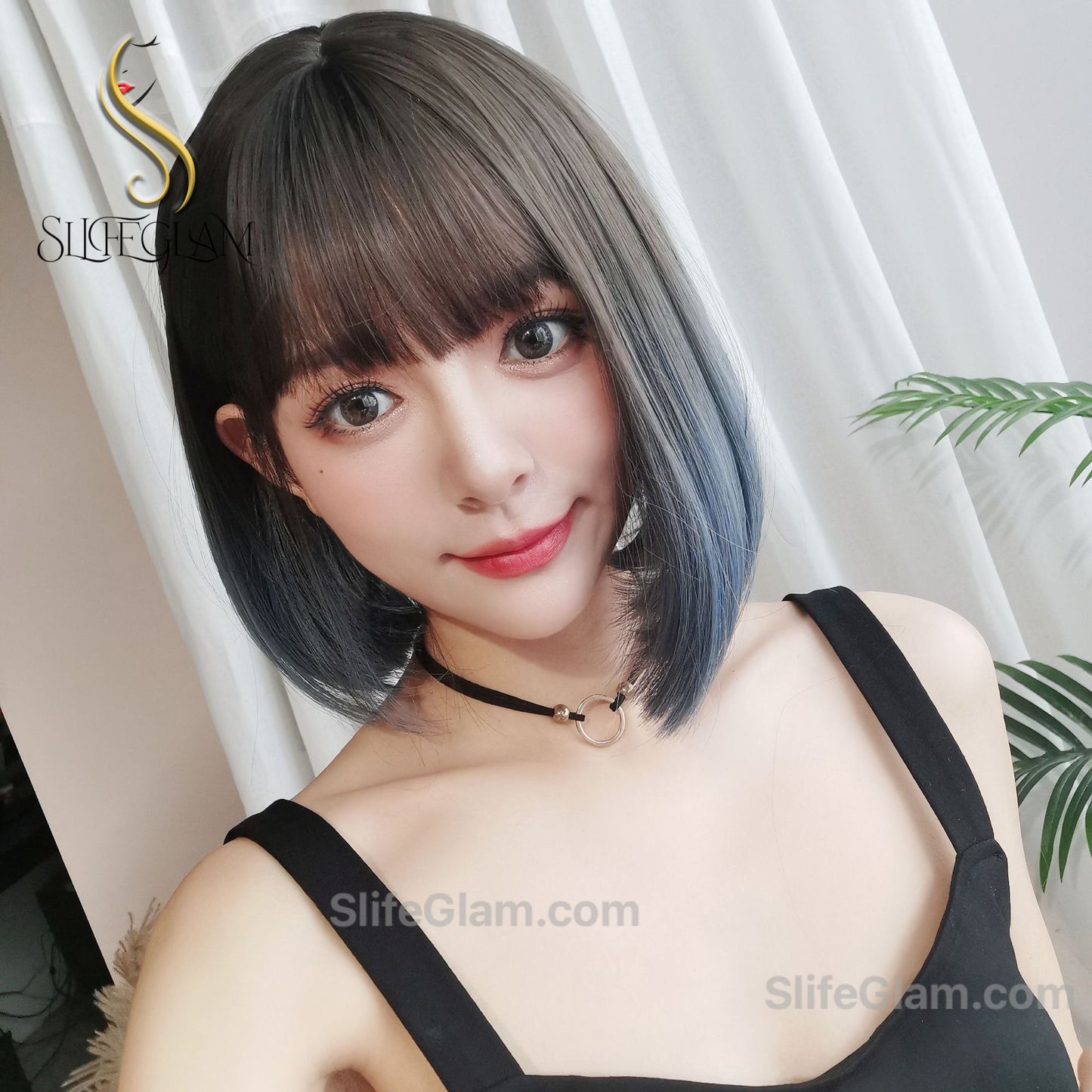 Cute Realistic Short Black to Blue Ombré Bob Wig Natural Realistic