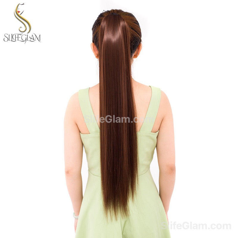 Long Straight Ribbon Pony Tail Extensions Black Dark Brown Pony Tail Hair Extensions 24-34 inches