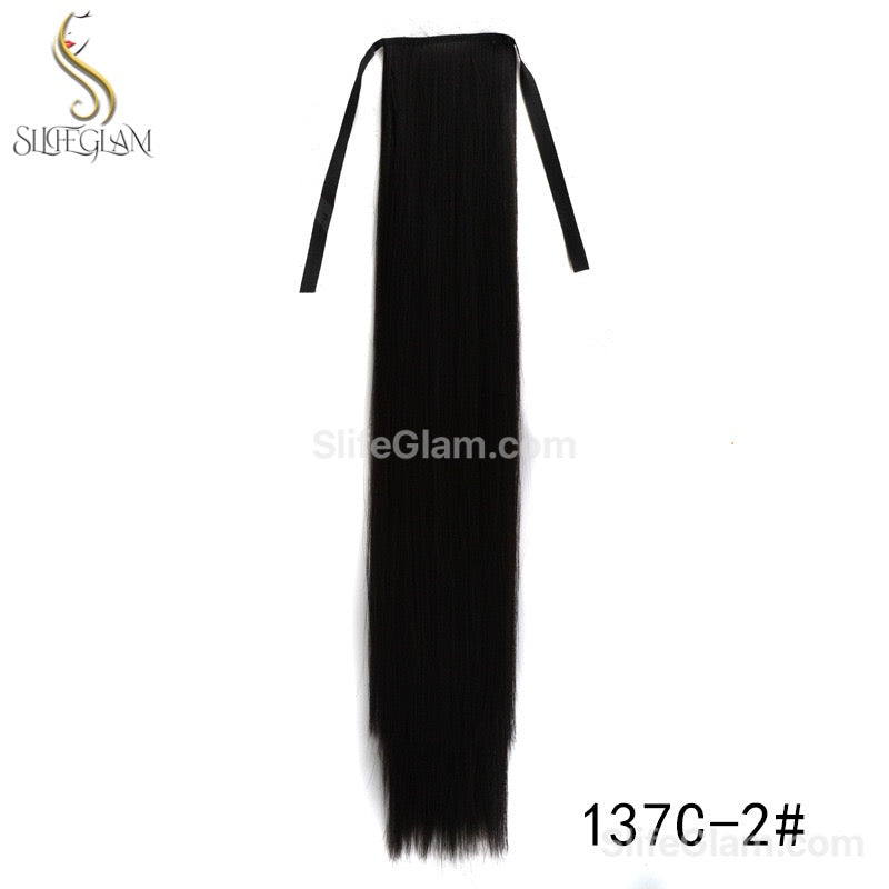 Long Straight Ribbon Pony Tail Extensions Black Dark Brown Pony Tail Hair Extensions 24-34 inches