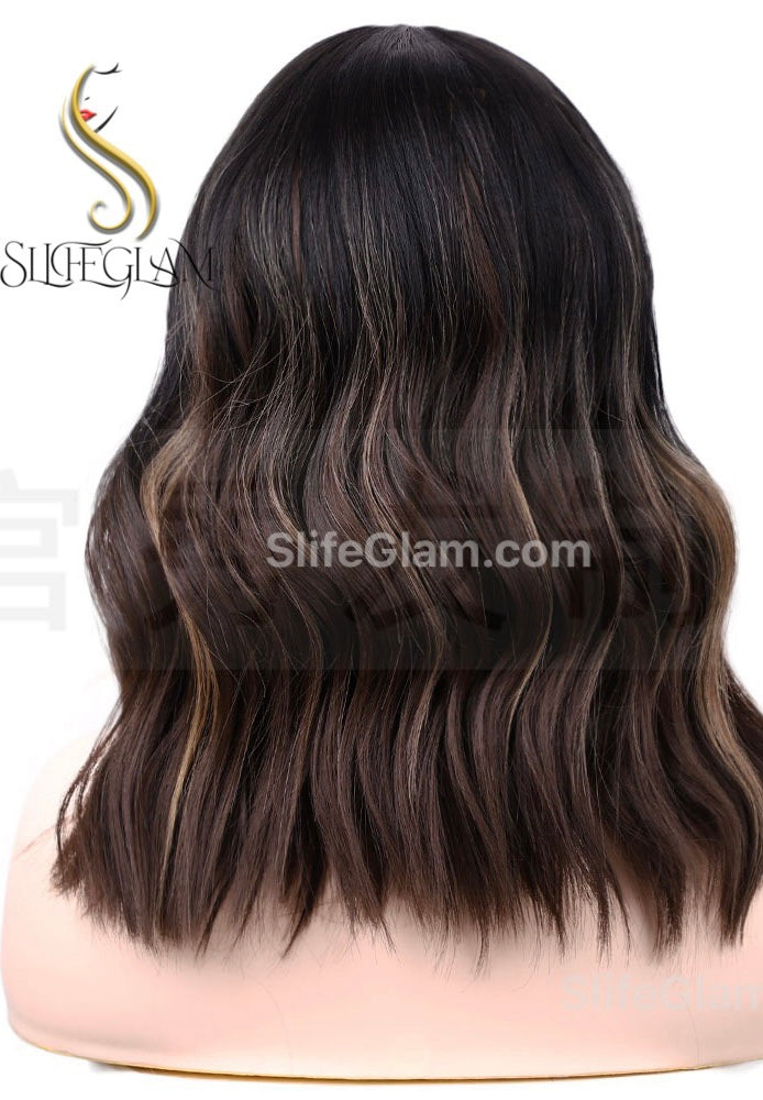 Realistic Wavy Black with Brown Highlights Shoulder Length Lace Front Wig Natural Realistic T-Part Mid-Part