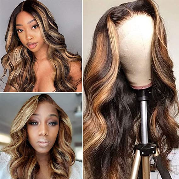 Gorgeous Chocolate Mocha Brunette Human Hair Lace Front Wig Body Wave Brown Human Hair Wig with Highlights