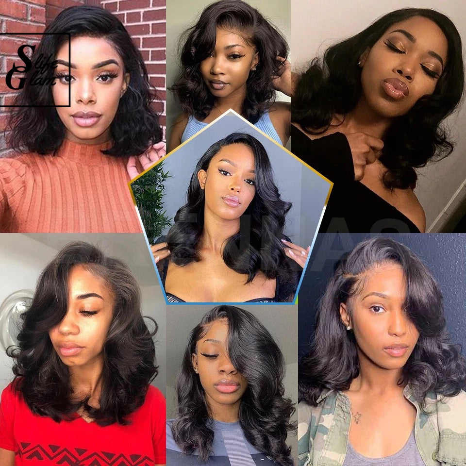 SlifeGLAM Short Bob Human Hair Wig Black Human Hair Wigs Pre Plucked Body Wave Middle Part Lace Wigs 8-16inch T Part Lace Front Side Part Mid Part 7A