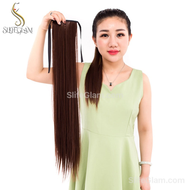 Long Straight Ribbon Pony Tail Extensions Black Dark Brown Pony Tail Hair Extensions 24-34 inches