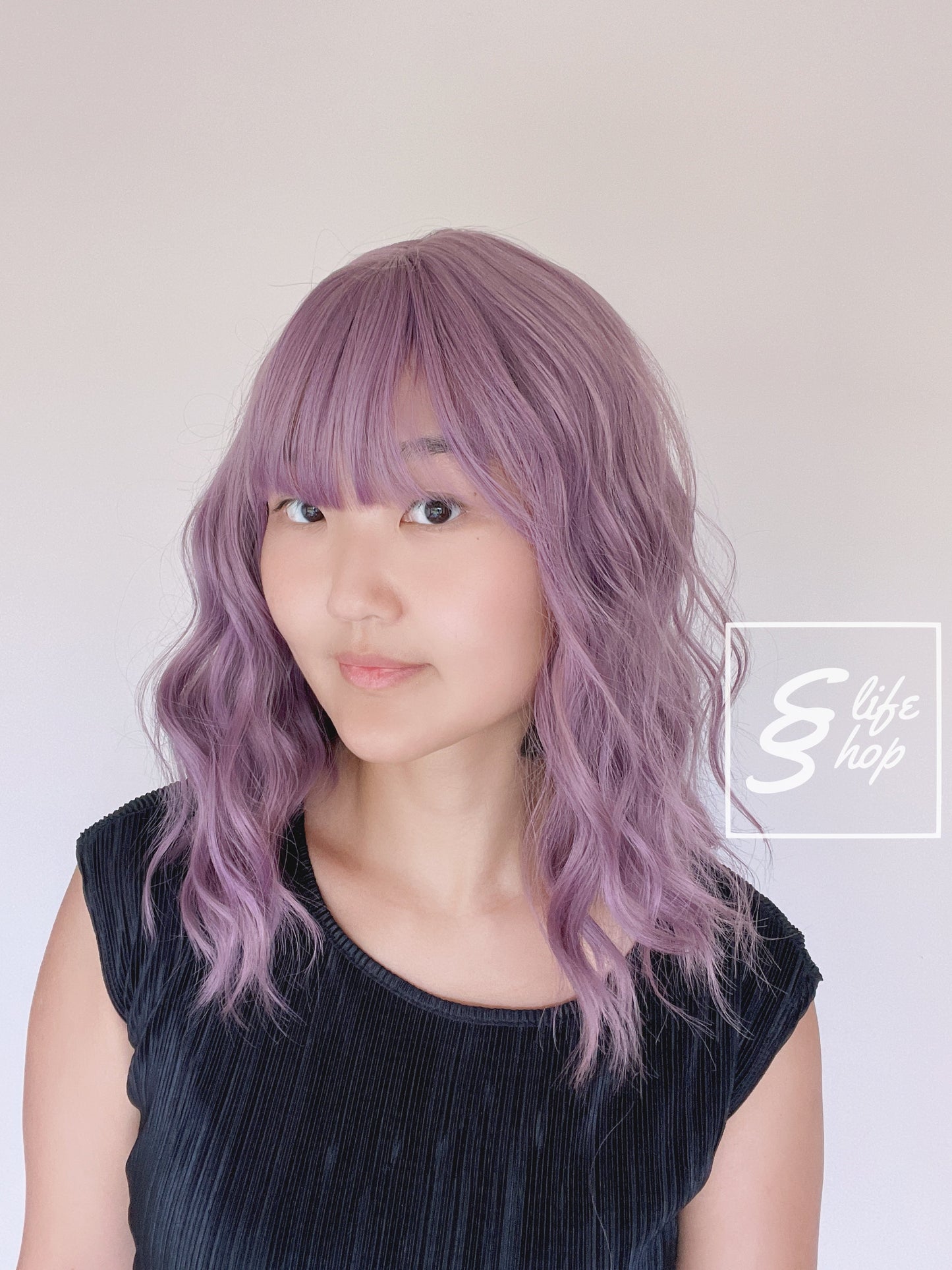 Beautiful Realistic Mid Length Short Wavy Purple Wig Natural Cute