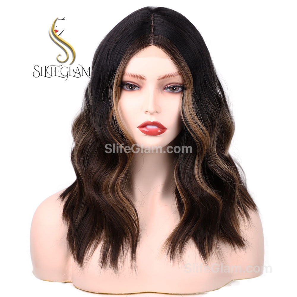 Realistic Wavy Black with Brown Highlights Shoulder Length Lace Front Wig Natural Realistic T-Part Mid-Part