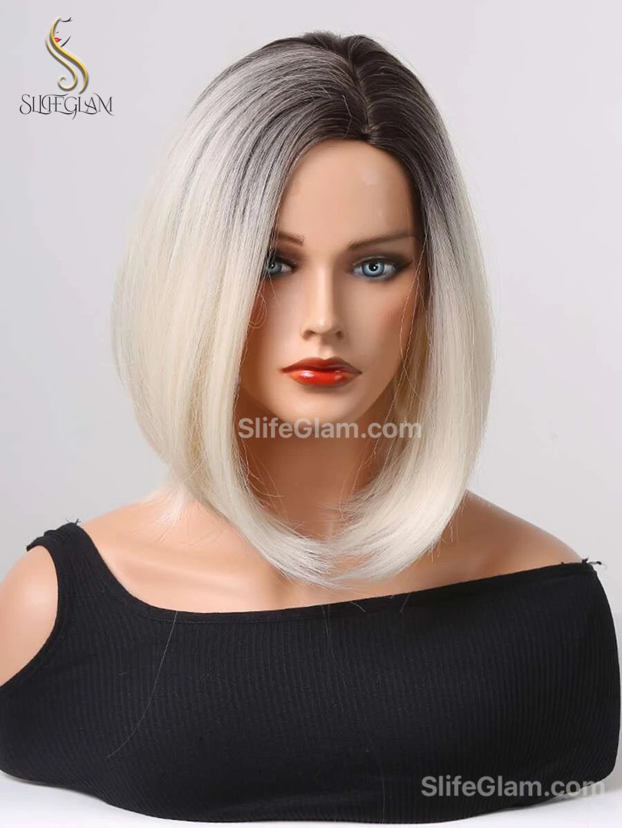 Beautiful Realistic Platinum Blonde Bleached Blonde Side-part Short Shoulder Length Wig