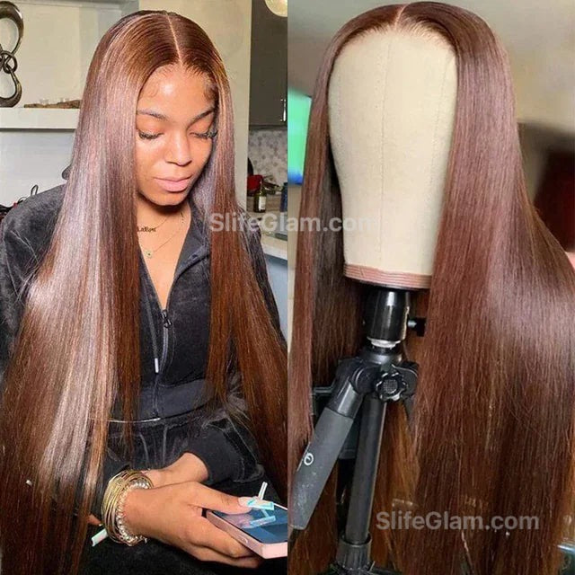 SlifeGLAM Long Straight Brown Human Hair Wig Brown Human Hair Wigs Pre Plucked Straight Middle Part Lace Wigs Long Lace Front Side Part Mid Part 7A