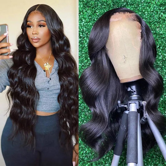 SlifeGLAM Long Body Wave Human Hair Wig Black Human Hair Wigs Pre Plucked Body Wave Middle Part Lace Wigs Long Lace Front Side Part Mid Part