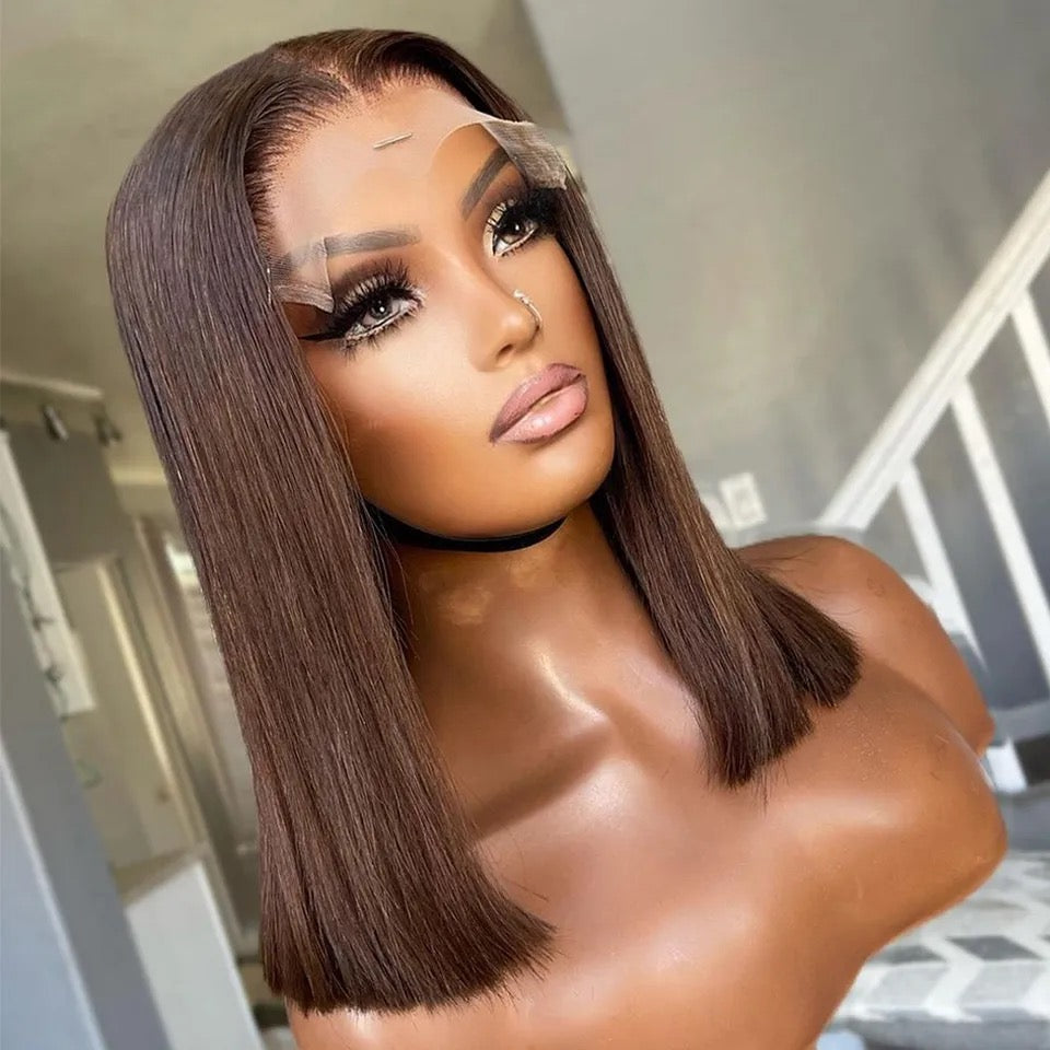 Short Shoulder Length Lace Front Brown Human Hair Wig Full Lace Wig, Bob Lace Front Wig Human Hair Wig Wig Short Bob Brown Chocolate Wig