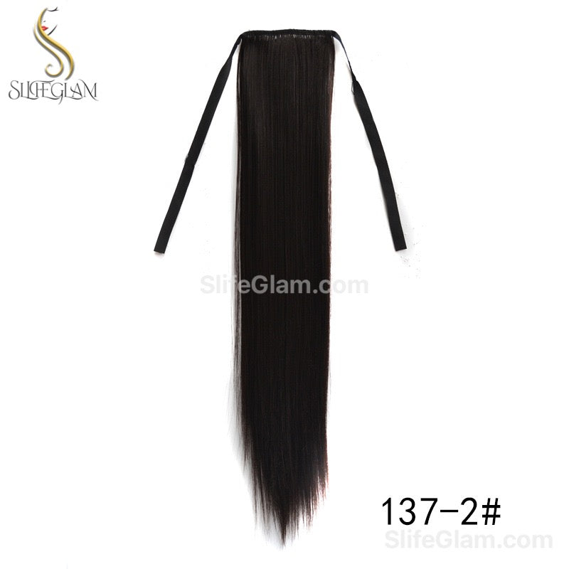 Long Straight Ribbon Pony Tail Extensions Black Dark Brown Pony Tail Hair Extensions 24-34 inches