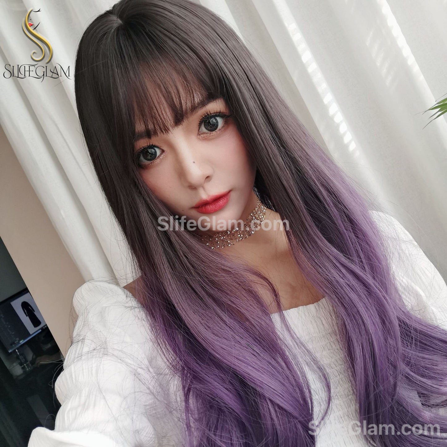 Beautiful Realistic Long Wavy Brown Purple Ombre Wig Natural Realistic