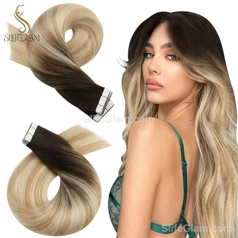 100% Remy Human Hair Ombre Blonde Tape-in Hair Extensions 50G Platinum Blonde Honey Blonde Brown Dark Blonde