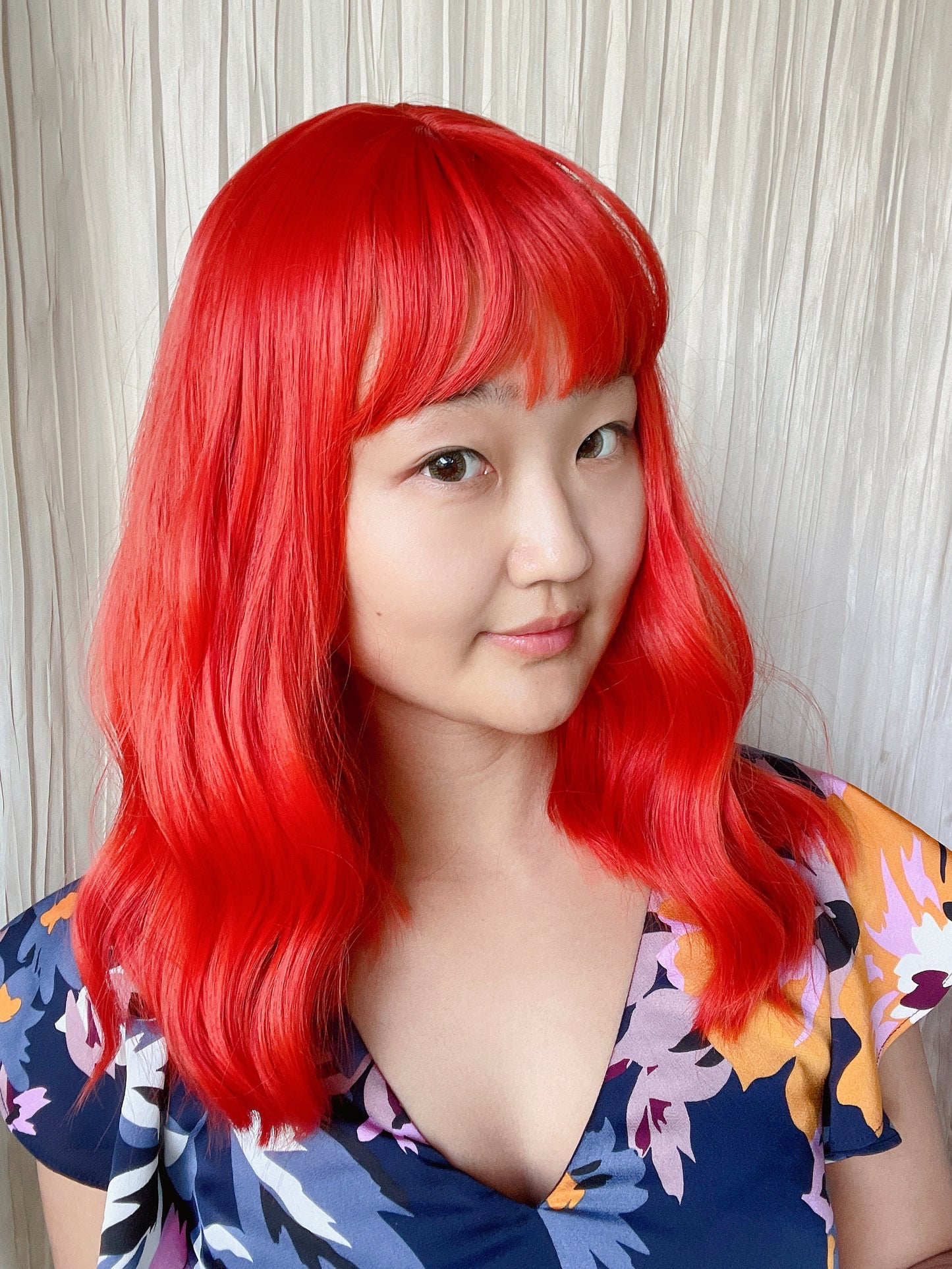 Orange Bright Red Realistic Mid-length Short Wavy Curly Wig with Bangs Red Orange Wig Wine Burgundy