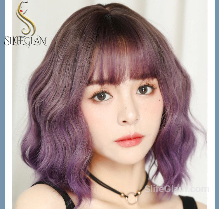 Cute Realistic Wavy Purple Ombré Bob Wig Natural Realistic